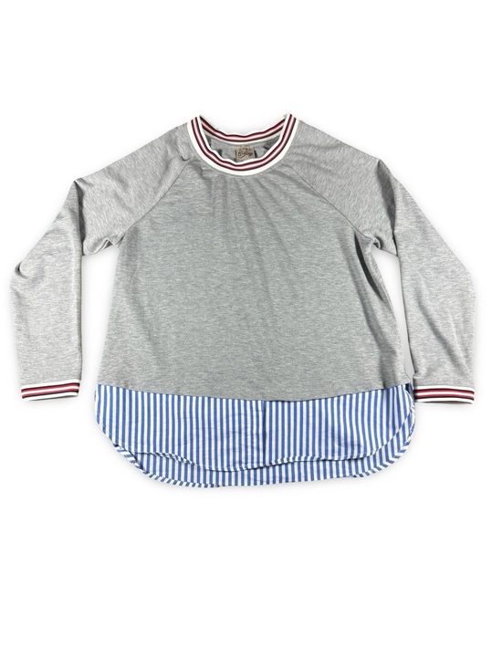 Vintage Como Tops - Sweater Top Gray Mixed Media Mock Layering Large Pullover Striped Hem Top